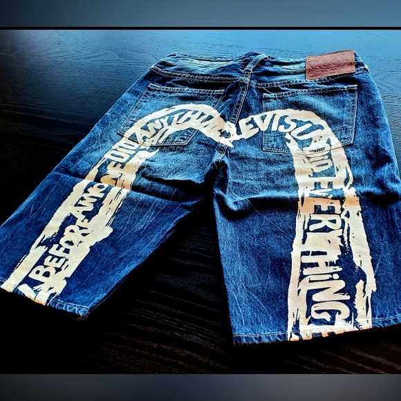 EVISU White Daicock Print Denim Jeans Shorts Monogram New w Bag - Picture 1 of 13
